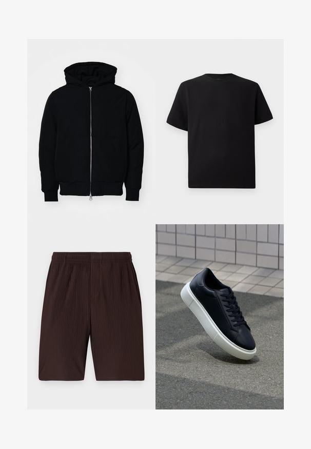 Black hooded jacket with front zipper, kangaroo pocket, ribbed cuffs, and hem, displayed on a plain white background.; Black short-sleeve T-shirt made of textured fabric, featuring a round neckline and a relaxed fit. Simple, no patterns or accents.; Brown, pleated shorts featuring an elastic waistband and pockets, constructed from lightweight fabric. Hemline hits just above the knee.; Black leather sneaker with rounded toe and white rubber sole. Features flat laces and minimal stitching on the upper. Textured sole for grip.