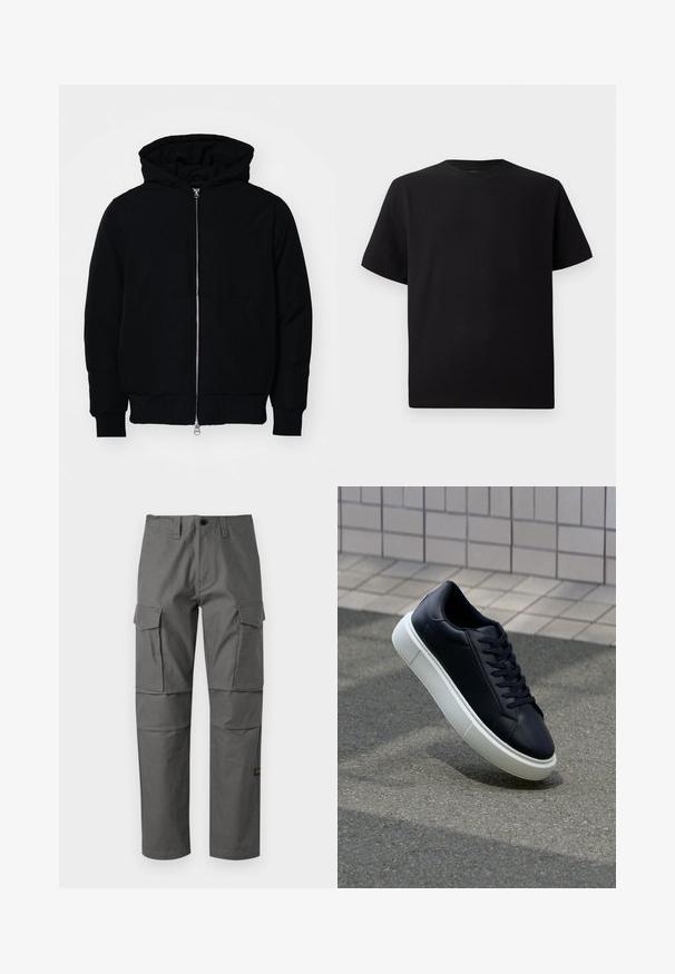 Schwarze Kapuzenjacke mit Frontreißverschluss, Kängurutasche, gerippten Bündchen und Saum, auf einem schlichten weißen Hintergrund präsentiert.; Schwarzes Kurzarm-T-Shirt aus strukturiertem Stoff, mit einem Rundhalsausschnitt und einer lockeren Passform. Einfach, ohne Muster oder Akzente.; Graue Cargo-Hosen aus robustem Stoff, mit geradem Bein Design, mehreren seitlichen Taschen und sichtbaren Nähten.; Schwarze Leder-Sneaker mit runder Zehenpartie und weißer Gummisohle. Verfügt über flache Schnürsenkel und minimale Nähte im Obermaterial. Strukturiertes Sohlenprofil für besseren Halt.