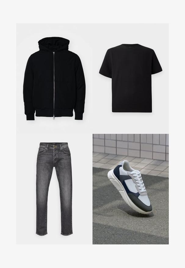 Mustat huppu-untuvatakki, jossa on vetoketju edessä, kenguru-tasku, ribatut hihansuut ja helma, esillä yksinkertaisella valkoisella taustalla.; Mustat lyhyet hihattomat T-paidat, jotka on valmistettu teksturoidusta kankaasta. Pyöreä pääntie ja rento istuvuus. Yksinkertainen, ilman kuvioita tai yksityiskohtia.; Tummanharmaat farkut, joissa on suora leikkaus. Klassinen viiden taskun malli ja hienovarainen haalistuminen. Metallinen nappi ja vetoketjusuljin.; Valkoinen, laivastonsininen ja harmaa tennari sekamateriaalimuotoilulla, jossa on teksturoitu päällinen, litteät nauhat ja pehmustettu pohja.