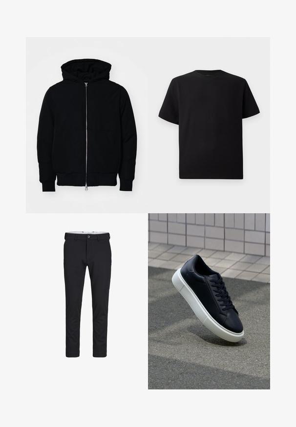 Black hooded jacket with front zipper, kangaroo pocket, ribbed cuffs, and hem, displayed on a plain white background.; Black short-sleeve T-shirt made of textured fabric, featuring a round neckline and a relaxed fit. Simple, no patterns or accents.; Black stretch pants with a flat front, belt loops, and a single button closure. Material is smooth with a tailored fit and tapered legs.; Black leather sneaker with rounded toe and white rubber sole. Features flat laces and minimal stitching on the upper. Textured sole for grip.
