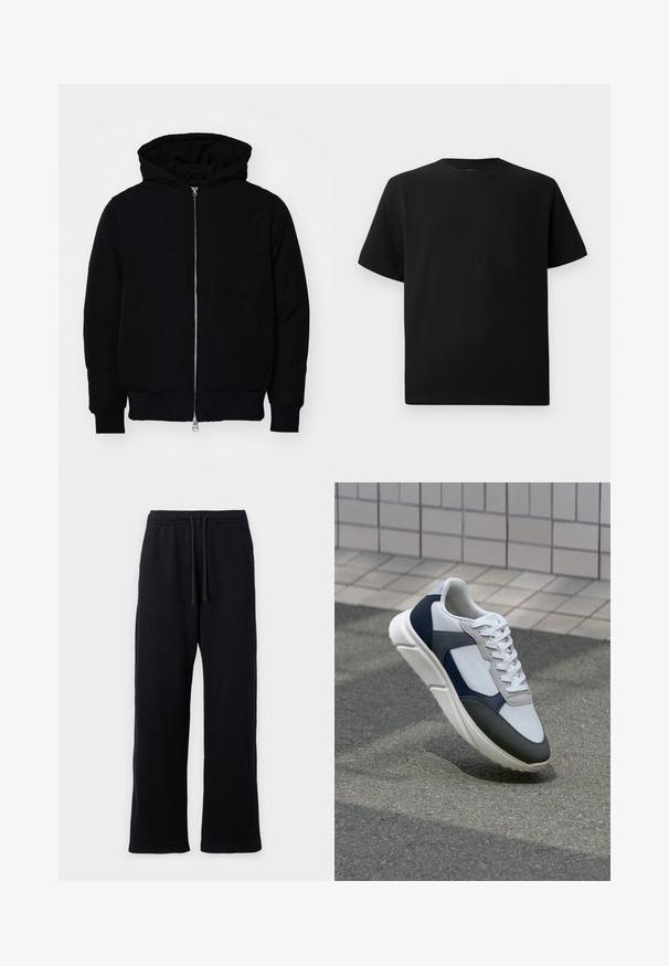 Mustat huppu-untuvatakki, jossa on vetoketju edessä, kenguru-tasku, ribatut hihansuut ja helma, esillä yksinkertaisella valkoisella taustalla.; Mustat lyhyet hihattomat T-paidat, jotka on valmistettu teksturoidusta kankaasta. Pyöreä pääntie ja rento istuvuus. Yksinkertainen, ilman kuvioita tai yksityiskohtia.; Mustat collegehousut suoran lahkeen muotoilulla, joissa on joustovyötärö ja säätönyöri. Pehmeä, teksturoitu kangas.; Valkoinen, laivastonsininen ja harmaa tennari sekamateriaalimuotoilulla, jossa on teksturoitu päällinen, litteät nauhat ja pehmustettu pohja.