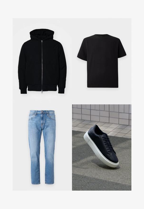 Fekete kapucnis dzseki elülső cipzárral, kenguruzsebbel, bordázott mandzsettákkal és aba, egy sima fehér háttér előtt.; Fekete, rövid ujjú póló texturált anyagból, kerek nyakkivágással és laza fazonnal. Egyszerű, minta és díszítés nélkül.; Világoskék farmernadrág egyenes lábkivágással, klasszikus öt zsebes dizájn, diszkrét kopásnyomokkal és kontrasztos gombzárral a derekán.; Fekete bőr sportcipő lekerekített orral és fehér gumitalppal. Lapos fűzőkkel és minimális varrásokkal rendelkezik a felsőrészén. Mintás talp a tapadásért.