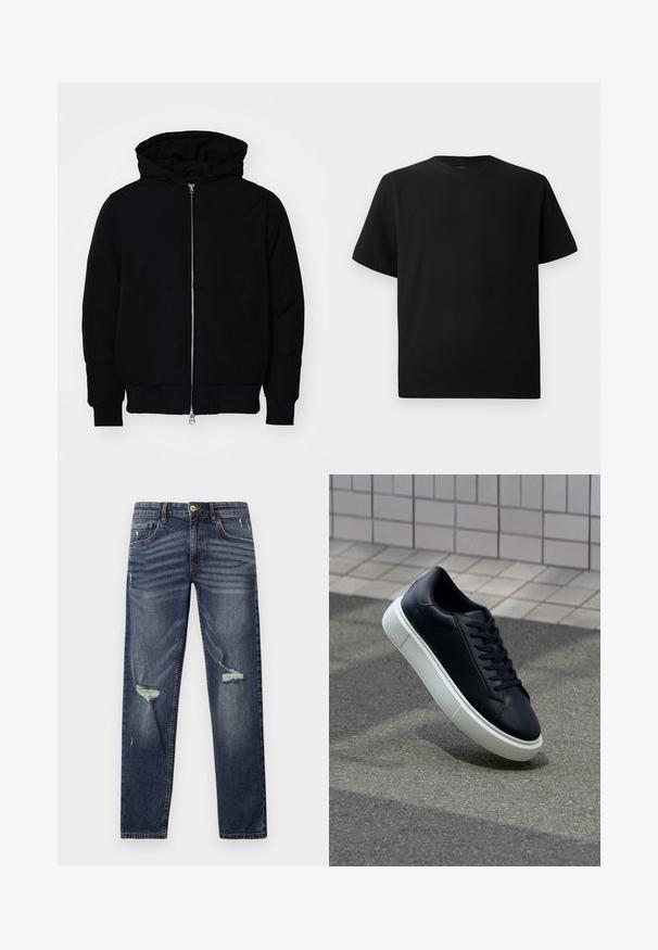 Mustaga kapuutsiga jakk, millel on esineed, kenguru tasku, soonikkoes, ja alläär, esitatud lihtsal valgel taustal.; Must have lühikeste varrukatega must T-särk, mis on valmistatud tekstuursetest materjalidest, ümmarguse kaelusega ja lõdva lõikega. Lihtne, ilma mustrite või aktsentideta.; Tumed sinised denim teksad sirge lõikega, millel on kulunud põlvepiirkonnad ja kergelt pleekinud välimus. Varustatud nööbiga sulgemise ja viie taskuga.; Mustast nahast tennisetoss, millel on ümar nina ja valge kummist tall. Omab siredaid paelu ja minimaalset õmblemist ülemises osas. Tekstuuriga tald, mis tagab haakuvuse.