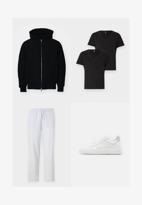 Sort hættejakke med frontlynlås, kængurulomme, ribbede manchetter og kant, præsenteret på en ensfarvet hvid baggrund.; To sorte v-hals t-shirts lavet af blød bomuld. Korte ærmer og en standard pasform. Minimalistisk design med et subtilt logo på brystet.; Grå sweatpants lavet af blødt stof, med en elastisk talje med snøre, lige ben og en glat overflade.; Hvide lædersneakers med en glat finish, rund tå, flade snørebånd og en struktureret sål. Grå ruskindsdetalje ved hælen.