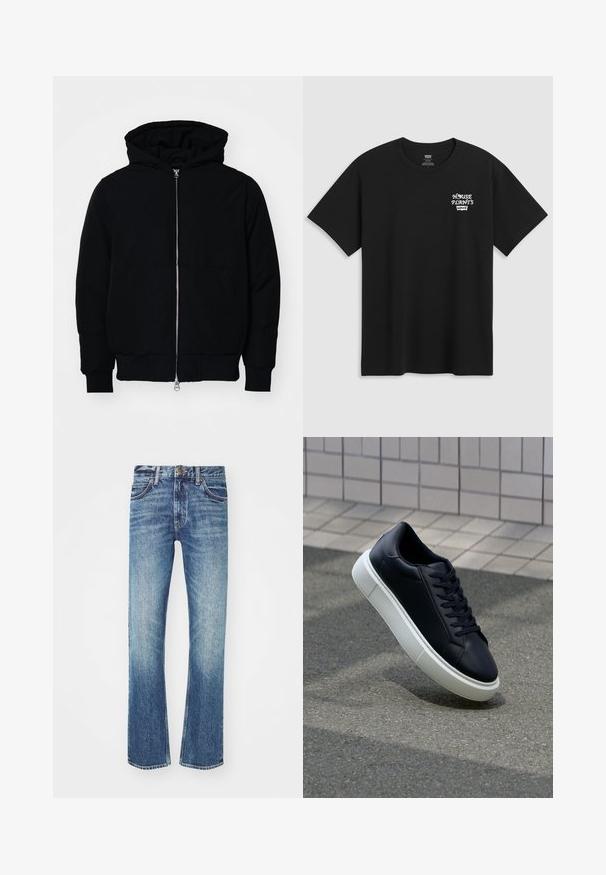 Mustaga kapuutsiga jakk, millel on esineed, kenguru tasku, soonikkoes, ja alläär, esitatud lihtsal valgel taustal.; Must musta t-särk, millel on rinnakrüpt, mis ütleb "KESKKOND" valgel stiliseeritud fontidega ja "Levi's" all. Klassikaline ümar kaelus.; Sinine denim-püksid otse lõikega, millel on pleekinud pesu, viis taskut ja kontrastsed õmblused. Metallsulgur vöökohtadel.; Mustast nahast tennisetoss, millel on ümar nina ja valge kummist tall. Omab siredaid paelu ja minimaalset õmblemist ülemises osas. Tekstuuriga tald, mis tagab haakuvuse.