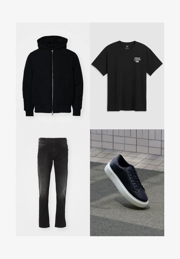 Svart hettejakke med frontglidelås, kengurulomme, ribbestrikket mansjetter og søm, vist på en ensfarget hvit bakgrunn.; Svart bomull t-skjorte med brysttrykk som leser "HUSPLANTER" i hvit stilisert skrift med "Levi's" under. Klassisk crew-hals.; Sorte denimjeans med en falmet vask, fem lommer, rette ben og en klassisk knapp- og glidelåsåpning.; Sorte skinnsneakers med rund tå og hvit gummisåle. Har flate lisser og minimal søm på overdelen. Strukturert såle for grep.