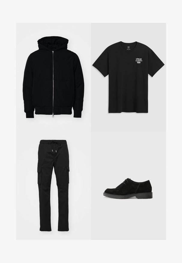 Jachetă neagră cu glugă, cu fermoar în față, buzunar tip kangaroo, mansete și tiv ribbed, prezentată pe un fundal alb simplu.; Tricou negru din bumbac, cu un imprimeu pe piept care spune "PLANTE DE CASĂ" cu un font alb stilizat, având "Levi's" dedesubt. Decolteu clasic tip crew.; Pantaloni cargo negri dintr-o țesătură netedă, dotati cu un brâu elastic cu șnur, buzunare laterale și buzunare cargo pe ambele picioare.; Pantofii negri din suede, cu vârful rotunjit, cusături contrastante și talpă din cauciuc. Prezintă un sistem de șireturi minim și un design suprem neted.