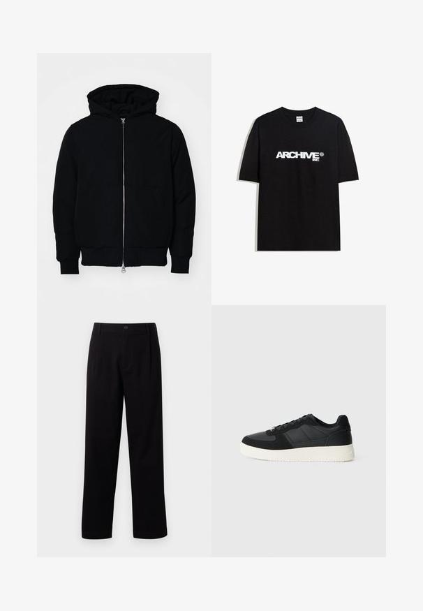 Črna kapuca jakna s sprednjim zadrgo, kenguru žepom, rebrastimi manšetami in hemom, razstavljena na enostavni beli ozadju.; Črna bombažna majica s kratkimi rokavi z belim logotipom "ARCHIVE inc." čez prsa in okroglo ovratnikom.; Črne hlače iz tkanine z ravnim krojem, sprednjimi gubami in enim gumbom za zapiranje. Gladka tekstura brez vidnih vzorcev.; Črne nizke teniske z teksturiranim usnjem in paneli iz semiša, bela gumijasta podloga in črne vezalke na enobarvni svetli podlagi.