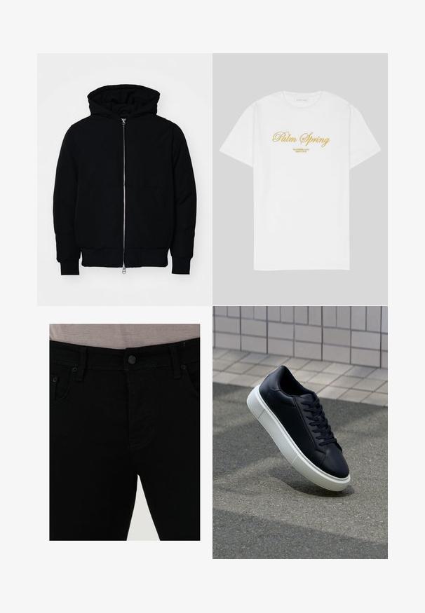Melna kapucēta jaka ar priekšējo rāvējslēdzēju, kenguru kabatu, ribinātām aprocēm un apakšmalu, parādīta uz vienkārša balta fona.; Baltas kokvilnas T-krekls ar zelta tekstu, kas saka "Palm Spring" ar "California Love Eighty Five" zem tā, brīva piegriezuma, apaļspalvainais dizains.; Melna džinsu auduma bikses ar gludu tekstūru, piecu kabatu dizainu un vienu pogu aizdari. Diegi ir nedaudz kontrastējoši ar audumu.; Melnas ādas kedas ar noapaļotu pirkstu un baltu gumijas zoli. Iespējas - plakanas šņorītes un minimāla apdare augšdaļā. Struktūrēta zole, lai nodrošinātu saķeri.