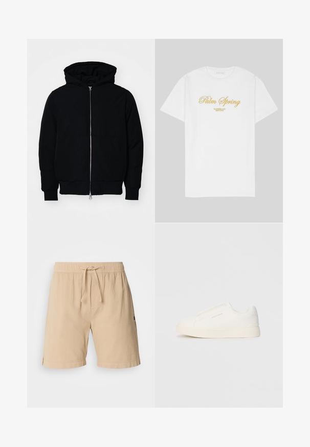 Veste à capuche noire avec fermeture éclair sur le devant, poche kangourou, poignets et ourlet côtelés, présentée sur un fond blanc uni.; T-shirt en coton blanc avec un texte doré portant l'inscription "Palm Spring" et "California Love Eighty Five" en dessous, coupe décontractée, design à col rond.; Shorts beiges en coton avec taille élastique, fermeture à cordon, poches latérales et détails de couture à l'ourlet.; Baskets blanches sans lacets avec une surface texturée, une semelle épaisse et un design minimaliste. Présente le logo de la marque sur le côté.