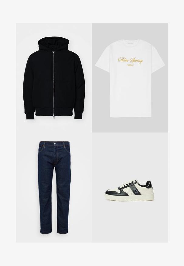 Svart hettejakke med frontglidelås, kengurulomme, ribbestrikket mansjetter og søm, vist på en ensfarget hvit bakgrunn.; Hvit bomulls t-skjorte med gulltekst som sier "Palm Spring" med "California Love Eighty Five" under, avslappet passform, rund halsdesign.; Mørkeblå denimjeans med rett benklipp, med oransje søm og frontlukking med knapp. Klassisk 5-lomme design.; Lædersneakers med sort og creme farveskema, der har perforerede detaljer, en polstret krave og en struktureret ydersål.