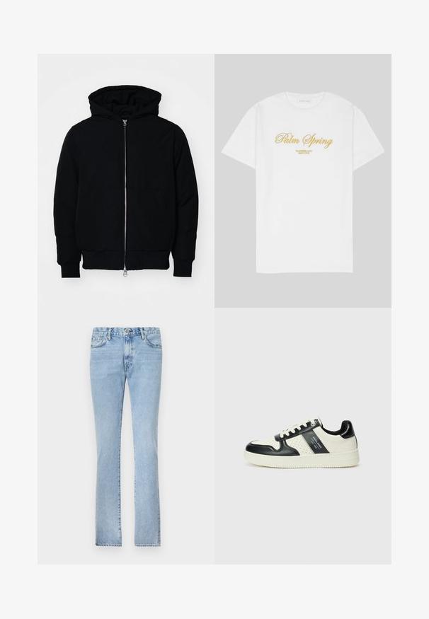 Črna kapuca jakna s sprednjim zadrgo, kenguru žepom, rebrastimi manšetami in hemom, razstavljena na enostavni beli ozadju.; Bela bomba majica iz bombaža z zlatim napisom "Palm Spring" in "California Love Eighty Five" spodaj, sproščen kroj, krožni ovratnik.; Svijetloplave traperice sa ravnim krojem, dizajnom s pet džepova i kopčanjem na dugme. Glatka tekstura i ravnomjerna izbljeđena boja.; Usnjeni športni čevlji z črno in krem barvno shemo, ki vključujejo perforirane dodatke, podložen ovratnik in strukturirano podplat.