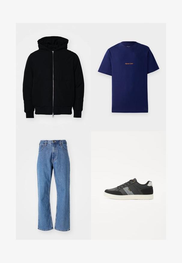 Svart hettejakke med frontglidelås, kengurulomme, ribbestrikket mansjetter og søm, vist på en ensfarget hvit bakgrunn.; Marineblå bomull t-skjorte med korte ermer. Har en liten, oransje brodert logo på brystet. Klassisk rund hals-designer.; Blå høytlivde rette jeans med frontlommer, beltehanker og knappelukking på hvit bakgrunn.; Svart og grå lav-toppsneaker med hvit såle, snøringer og "Lee"-logo på sidepanelet mot hvit bakgrunn.