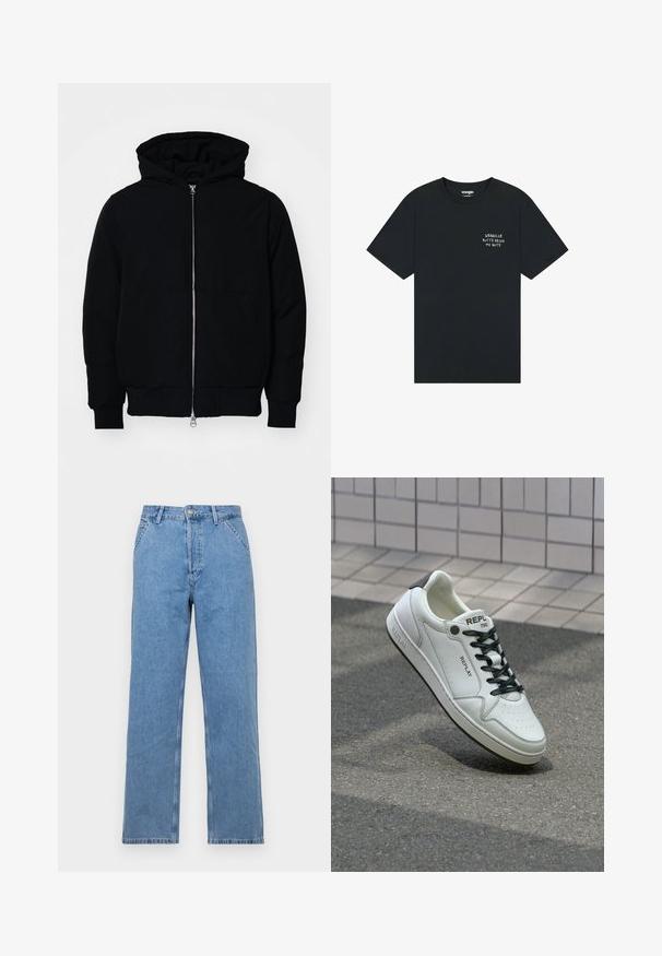Sort hættejakke med frontlynlås, kængurulomme, ribbede manchetter og kant, præsenteret på en ensfarvet hvid baggrund.; Sort bomulds t-shirt med korte ærmer og rund hals, med hvid tekst der står "WRANGLER BUTTS DRIVE ME NUTS" på brystet.; Lysblå denim straight-leg jeans med et klassisk femlomme-design, der har frontknaplukning og bæltestropper. Glat tekstur.; Hvide lædersneakers med perforeret tå, sorte snørebånd og hæl-akcent. Funktioner "REPLAY" branding og en solid gummisål.