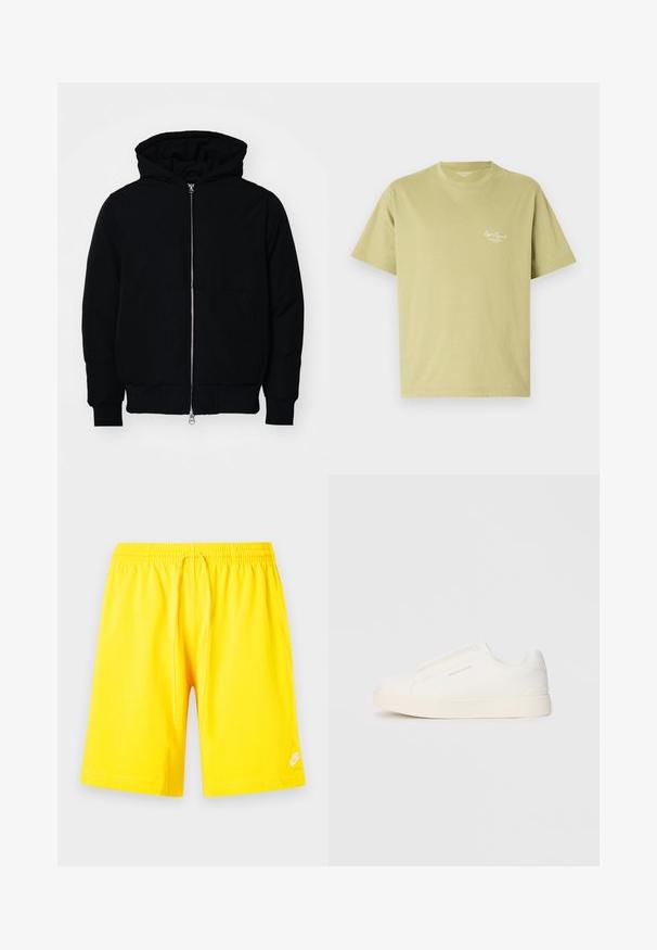 Juodas gobtuvėlis su priekiniu užtrauktuku, kengūros tipo kišene, lygiais rankogaliais ir apvadu, pateiktas ant vientiso balto fono.; Šviesiai žalia medvilninė marškinėliai trumpomis rankovėmis, apvaliu iškirpimu ir mažu baltu logotipu kairėje krūtinės pusėje.; Geltoni sportiniai šortai su elastinga juosta, raišteliu ir mažu baltu logotipu apatinėje kairėje pusėje. Minkšta, mišri medžiaga.; Baltos slip-on sportbačiai su tekstūruota paviršiumi, storesniu padu ir minimalistišku dizainu. Šone matosi prekės ženklo logotipas.