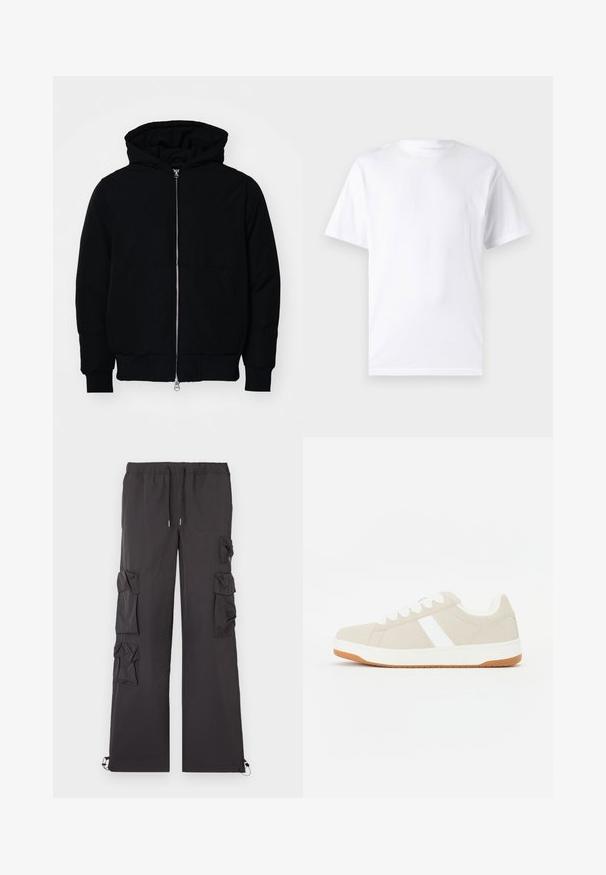 Czarna kurtka z kapturem, z suwakiem z przodu, kieszenią kangurką, ściągaczami przy mankietach i dolnym brzegu, prezentowana na jednolitym białym tle.; Biała koszulka z krótkim rękawem wykonana z bawełny, z okrągłym dekoltem, o gładkiej fakturze i prostym designie, bez wzorów i akcentów.; Czarne spodnie cargo z elastycznym paskiem w talii, posiadające wiele kieszeni po bokach oraz elastyczne ściągacze przy kostkach. Lekki materiał.; Beżowe sneakersy z białymi akcentami, zamszowa tekstura, zaokrąglony kształt, sznurowana konstrukcja oraz kontrastowa gumowa podeszwa.