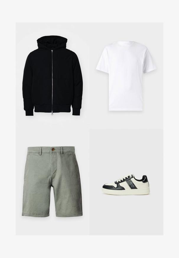 Giacca nera con cappuccio, dotata di zip frontale, tasca a marsupio, polsini e orlo a coste, esposta su uno sfondo bianco semplice.; T-shirt bianco a maniche corte in cotone con scollo rotondo, caratterizzato da una texture morbida e un design semplice senza motivi o accenti.; Pantaloni corti verde chiaro realizzati in misto cotone, con chiusura a bottone frontale, passanti per cintura e design frontale piatto. Tessuto liscio, altezza fino al ginocchio.; Sneakers in pelle con una combinazione di colori nero e crema, dotati di dettagli perforati, collare imbottito e suola testurizzata.