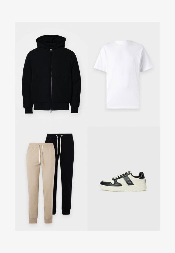 Svart hettejakke med frontglidelås, kengurulomme, ribbestrikket mansjetter og søm, vist på en ensfarget hvit bakgrunn.; Hvit kortermet t-skjorte laget av bomull med rund hals, med en jevn tekstur og et enkelt design uten mønstre eller detaljer.; To par med joggebukser: en beige og en svart, med elastiske mansjetter og snøring i livet med sølvfargede detaljer.; Lædersneakers med sort og creme farveskema, der har perforerede detaljer, en polstret krave og en struktureret ydersål.