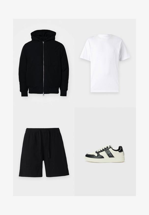 Sort hættejakke med frontlynlås, kængurulomme, ribbede manchetter og kant, præsenteret på en ensfarvet hvid baggrund.; Hvid kortærmet t-shirt lavet af bomuld med rund hals, der har en glat tekstur og et simpelt design uden mønstre eller accenter.; Sorte shorts lavet af letvægtsmateriale med elastisk talje og snor. Har en afslappet pasform og ingen synlige lommer.; Lædersneakers i sort og creme farveskema, med perforerede detaljer, en polstret krave og en struktureret ydersål.