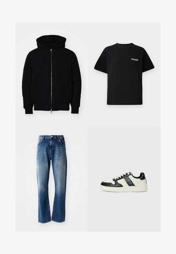 Giacca nera con cappuccio, dotata di zip frontale, tasca a marsupio, polsini e orlo a coste, esposta su uno sfondo bianco semplice.; T-shirt in cotone nero con scollatura rotonda, maniche corte e piccolo testo del logo bianco sul lato sinistro del petto. Design semplice, vestibilità classica.; Jeans in denim con taglio dritto, lavaggio blu chiaro e scuro con sbiaditure, cinque tasche e chiusura a bottone.; Sneakers in pelle con una combinazione di colori nero e crema, dotati di dettagli perforati, collare imbottito e suola testurizzata.