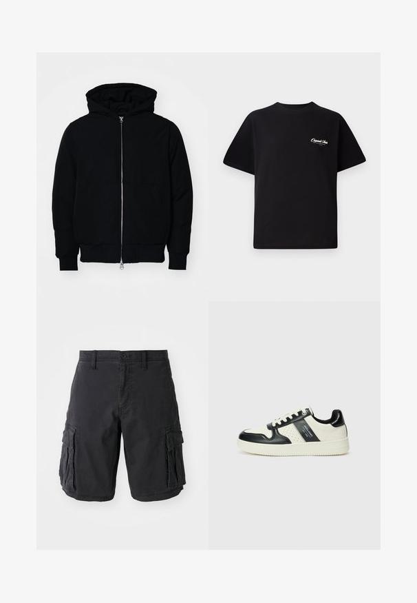 Black hooded jacket with front zipper, kangaroo pocket, ribbed cuffs, and hem, displayed on a plain white background.; Black cotton t-shirt featuring a crew neckline, short sleeves, and small white logo text on the left chest. Simple design, classic fit.; Black cargo shorts made of cotton, featuring multiple side pockets, a button closure, and a relaxed fit. Smooth texture and sturdy seams.; Leather sneakers with a black and cream color scheme, featuring perforated accents, a padded collar, and a textured outsole.