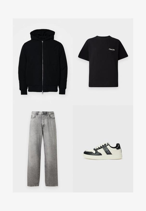 Black hooded jacket with front zipper, kangaroo pocket, ribbed cuffs, and hem, displayed on a plain white background.; Black cotton t-shirt featuring a crew neckline, short sleeves, and small white logo text on the left chest. Simple design, classic fit.; Grey wide-leg jeans made of denim. Features a high waist, five pockets, and a button and zipper closure. Subtle fading across the fabric.; Leather sneakers with a black and cream color scheme, featuring perforated accents, a padded collar, and a textured outsole.