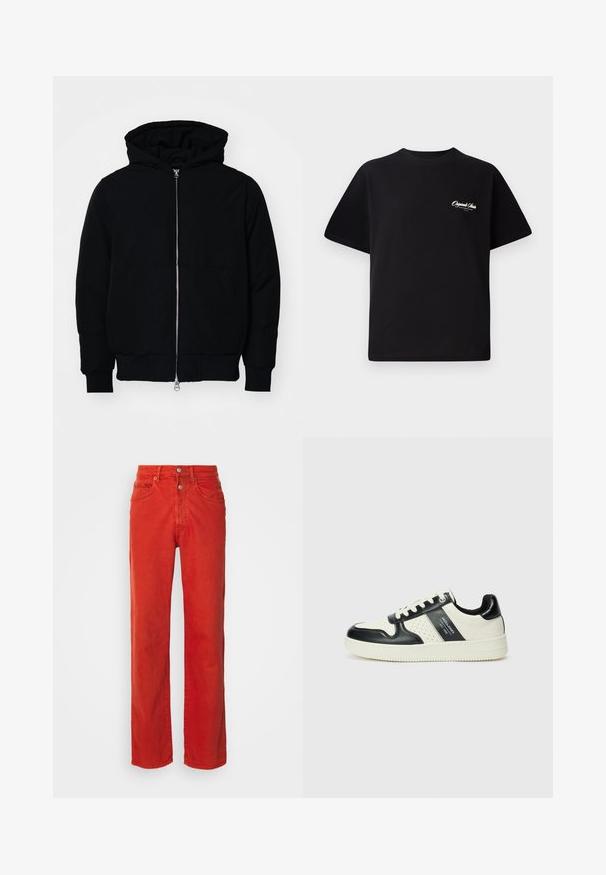 Črna kapuca jakna s sprednjim zadrgo, kenguru žepom, rebrastimi manšetami in hemom, razstavljena na enostavni beli ozadju.; Črna bombažna majica s krožno ovratnikom, kratkimi rokavi in majhnim belim logotipom na levem prsnem delu. Preprost dizajn, klasičen kroj.; Rdeče denim hlače s ravno zasnovo nogavic, z gumbom za zapiranje, dvema sprednjima žepoma in gladkim, rahlo teksturiranim materialom.; Usnjeni športni čevlji z črno in krem barvno shemo, ki vključujejo perforirane dodatke, podložen ovratnik in strukturirano podplat.