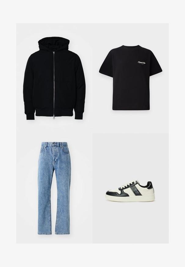 Melna kapucēta jaka ar priekšējo rāvējslēdzēju, kenguru kabatu, ribinātām aprocēm un apakšmalu, parādīta uz vienkārša balta fona.; Melnas kokvilnas t-krekls ar apaļu kakla izgriezumu, īsām piedurknēm un maziem baltiem logotipa uzrakstiem kreisajā krūšu daļā. Vienkāršs dizains, klasiskā piegriezne.; Gaiši zili džinsi ar augstu jostasvietu, platu kāju dizainu, klasisku piecu kabatu stilu un vieglu izbalēšanu auduma virsmā.; Ādas sporta apavi ar melnbaltu krāsu shēmu, ar perforētiem akcentiem, mīkstinātu apkakli un teksturētu zoli.
