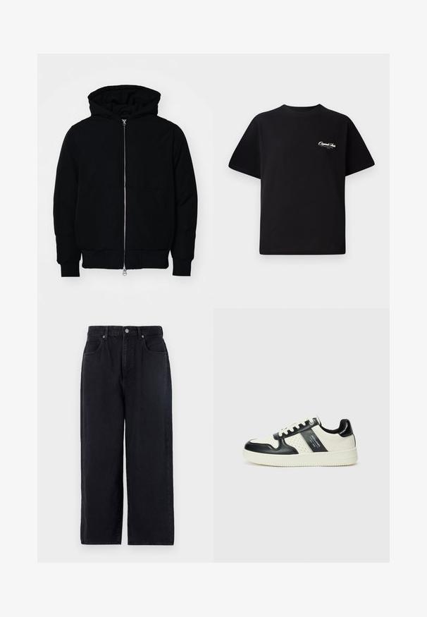 Černá kapucňová bunda s předním zipem, klokaní kapsou, vroubkovanými manžetami a spodním lemem, vystavená na čistém bílém pozadí.; Černé bavlněné tričko s kulatým výstřihem, krátkými rukávy a malým bílým logem na levé straně hrudi. Jednoduchý design, klasický střih.; Černé džíny s rovnými nohavicemi, které mají pět kapes, zapínání na knoflík a čistý střih. Odolná tkanina s matnou texturou.; Kožené tenisky s černobílou barevnou kombinací, které mají perforované detaily, polstrovaný límec a texturovanou podrážku.