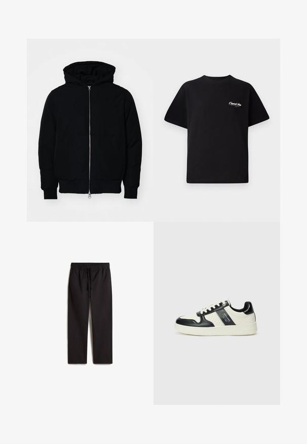 Mustat huppu-untuvatakki, jossa on vetoketju edessä, kenguru-tasku, ribatut hihansuut ja helma, esillä yksinkertaisella valkoisella taustalla.; Mustat puuvillateepaidat, joissa on pyöreä kaula-aukko, lyhyet hihat ja pieni valkoinen logoteksti vasemmassa rinnassa. Yksinkertainen suunnittelu, klassinen istuvuus.; Mustat, joustavat vyötäröpaidat, joissa on naru; suora lahkeen muoto; sileä pinta; joissa on kaksi sivutaskua.; Nahkakengät musta-kerma värimaailmassa, joissa on rei'itetyt yksityiskohdat, pehmustettu nilkkaosa ja teksturoitu pohja.