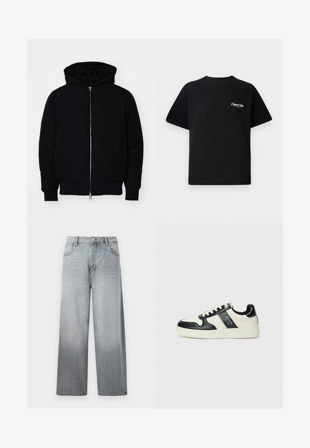 Črna kapuca jakna s sprednjim zadrgo, kenguru žepom, rebrastimi manšetami in hemom, razstavljena na enostavni beli ozadju.; Črna bombažna majica s krožno ovratnikom, kratkimi rokavi in majhnim belim logotipom na levem prsnem delu. Preprost dizajn, klasičen kroj.; Svetlo sivi široki jeans hlače s izbljeđenim učinkom, s gumbom i patentnim zatvaračem, pet džepova i kontrastnim šavovima.; Usnjeni športni čevlji z črno in krem barvno shemo, ki vključujejo perforirane dodatke, podložen ovratnik in strukturirano podplat.