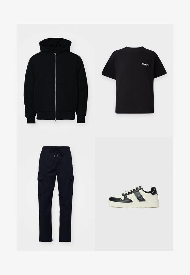 Črna kapuca jakna s sprednjim zadrgo, kenguru žepom, rebrastimi manšetami in hemom, razstavljena na enostavni beli ozadju.; Črna bombažna majica s krožno ovratnikom, kratkimi rokavi in majhnim belim logotipom na levem prsnem delu. Preprost dizajn, klasičen kroj.; Črne cargo hLAče z elastičnim pasom, vrvico in dvema stranskima žepoma. Gladka tkanina z obliko noga z manšeto.; Usnjeni športni čevlji z črno in krem barvno shemo, ki vključujejo perforirane dodatke, podložen ovratnik in strukturirano podplat.