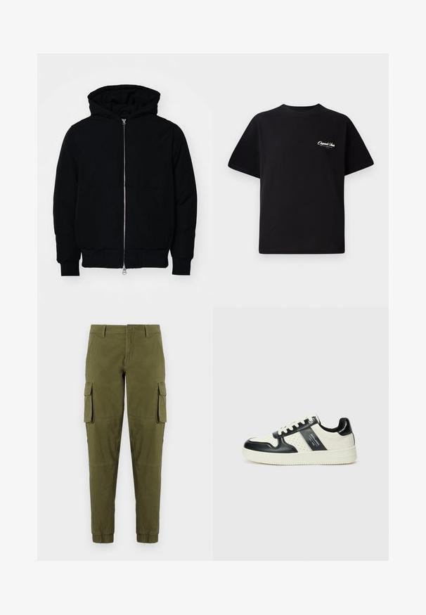 Svart hettejakke med frontglidelås, kengurulomme, ribbestrikket mansjetter og søm, vist på en ensfarget hvit bakgrunn.; Svart bomull t-skjorte med rund hals, korte ermer og liten hvit logo-tekst på venstre bryst. Enkel design, klassisk passform.; Olivenfargede cargo-bukser med elastiske mansjetter, som har to sideskjøte lommer, en frontknap-lukking, og glatt, lett stoff.; Lædersneakers med sort og creme farveskema, der har perforerede detaljer, en polstret krave og en struktureret ydersål.
