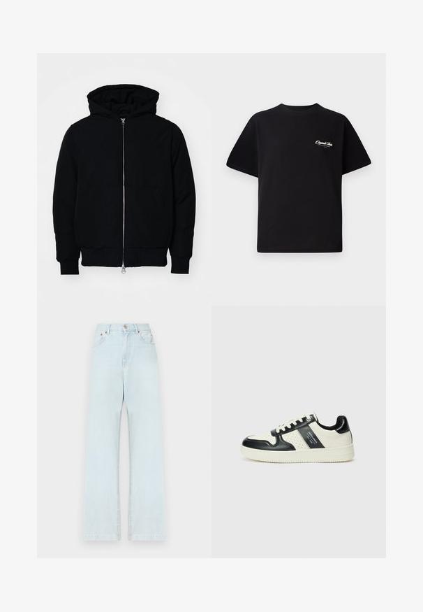 Chaqueta negra con capucha, cierre frontal, bolsillo tipo canguro, y puños y dobladillo acanalados, exhibida sobre un fondo blanco liso.; Camiseta de algodón negra con cuello redondo, mangas cortas y pequeño texto en blanco del logo en el lado izquierdo del pecho. Diseño simple, corte clásico.; Jeans de mezclilla azul claro con un corte de pierna recta, cinco bolsillos, cierre de botón y detalles de costura mínimos.; Zapatillas de cuero con un esquema de colores negro y crema, que cuentan con acentos perforados, un collar acolchado y una suela texturizada.
