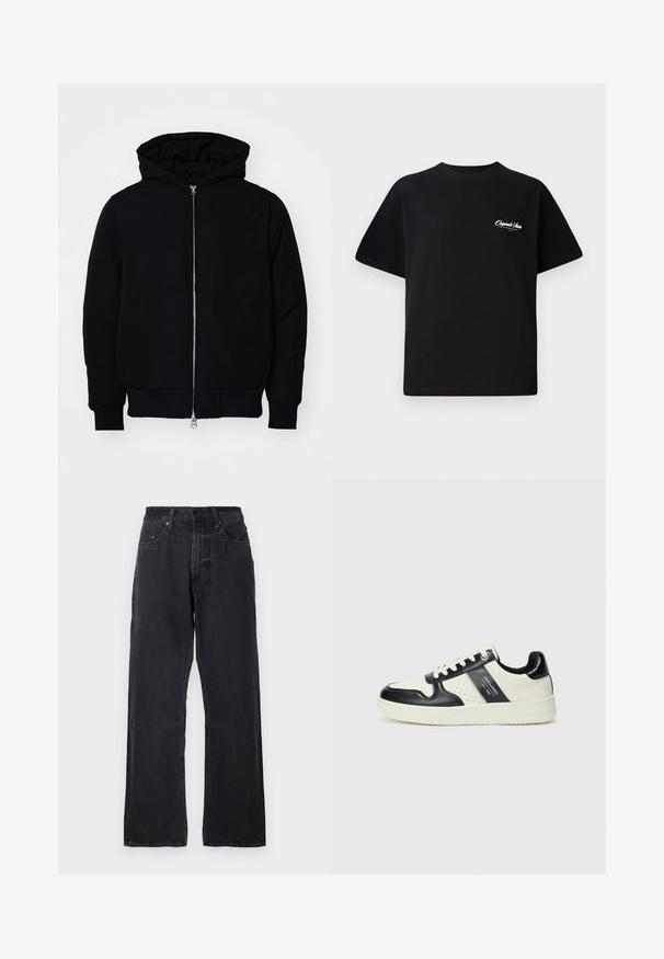 Crna kapuška jakna s prednjim zatvaračem, kenguru džepom, rebrastim manžetama i rubom, prikazana na običnoj bijeloj pozadini.; Crna pamučna majica s okruglim izrezom, kratkim rukavima i malim bijelim logotipom s lijeve strane na prsima. Jednostavan dizajn, klasičan kroj.; Crne traperice širokog kroja s visokim strukom, dizajnom s pet džepova i suptilnim detaljima teksture. Imaju kopčanje na gumbe i zatvarač.; Kožne tenisice s crno-bijelom paletom boja, koje imaju perforirane akcentne detalje, podstavljeni ovratnik i teksturiranu potplat.
