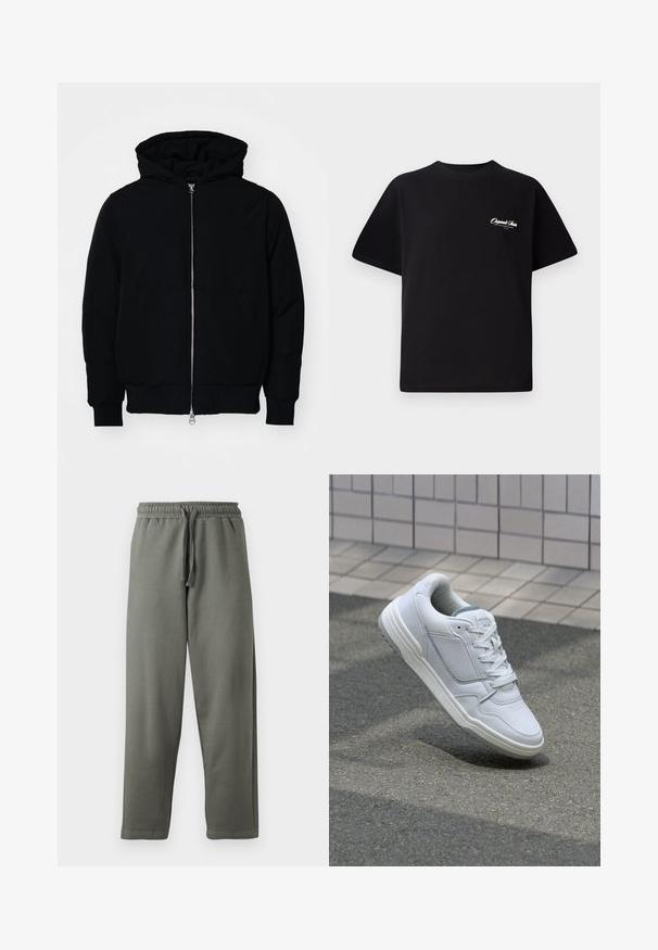 Zwarte hoodie met rits aan de voorkant, kangoeroe-pocket, geribbelde manchetten en zoom, weergegeven op een effen witte achtergrond.; Zwarte katoenen t-shirt met een ronde hals, korte mouwen en kleine witte logo-tekst op de linkerkant van de borst. Eenvoudig ontwerp, klassieke pasvorm.; Grijze joggingbroek gemaakt van zacht stof met een elastische tailleband en aantrekkoord; heeft een rechte broekspijpen en minimale stikdetails.; Witte lederen sneaker met geperforeerde zijkanten, gestructureerde accenten, platte veters en een contrasterende grijze hiel. Voorzien van een iets verhoogde zool.