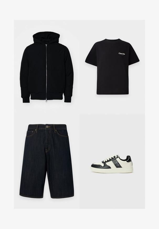 Veste à capuche noire avec fermeture éclair sur le devant, poche kangourou, poignets et ourlet côtelés, présentée sur un fond blanc uni.; T-shirt en coton noir avec col rond, manches courtes et petit texte logo blanc sur la poitrine gauche. Conception simple, coupe classique.; Shorts en jean foncé à coupe droite, avec des coutures jaunes, cinq poches et une fermeture à bouton à l'avant. Texture lisse.; Baskets en cuir avec un schéma de couleurs noir et crème, dotées d'accents perforés, d'un col rembourré et d'une semelle texturée.