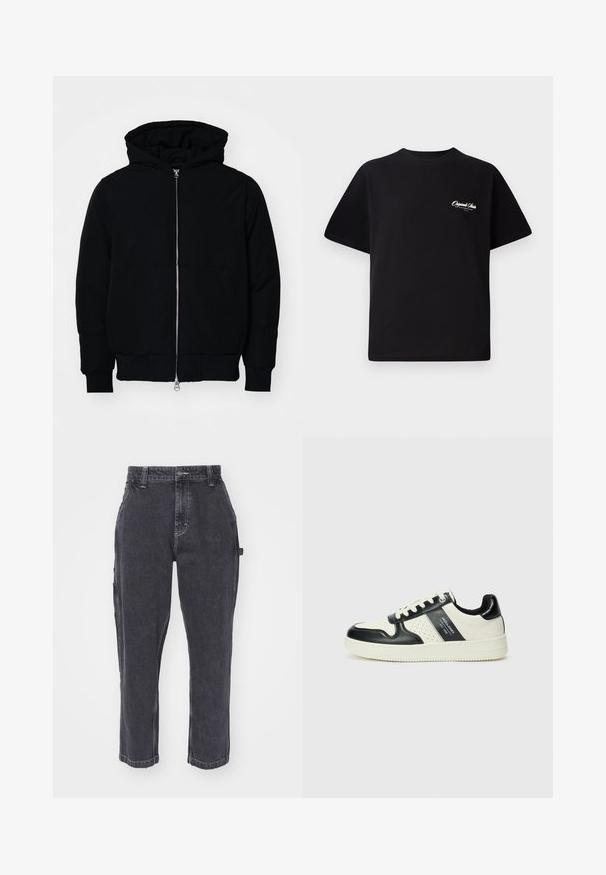 Black hooded jacket with front zipper, kangaroo pocket, ribbed cuffs, and hem, displayed on a plain white background.; Black cotton t-shirt featuring a crew neckline, short sleeves, and small white logo text on the left chest. Simple design, classic fit.; Dark gray denim cargo pants with a straight-leg design, featuring side pockets and contrasting stitching accents.; Leather sneakers with a black and cream color scheme, featuring perforated accents, a padded collar, and a textured outsole.