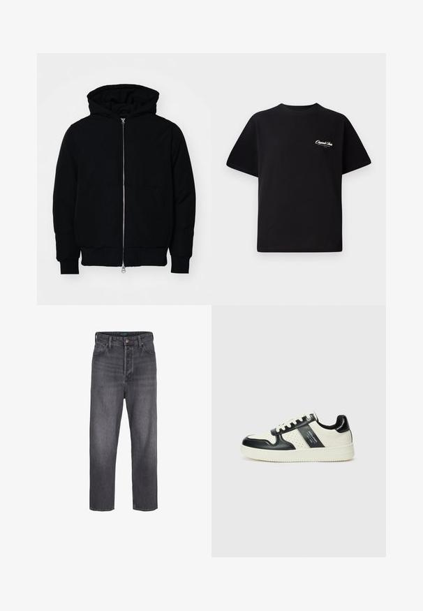 Black hooded jacket with front zipper, kangaroo pocket, ribbed cuffs, and hem, displayed on a plain white background.; Black cotton t-shirt featuring a crew neckline, short sleeves, and small white logo text on the left chest. Simple design, classic fit.; Dark gray denim jeans with a straight leg design, high waist, five-pocket styling, and light fading. Metal button and zip fly closure.; Leather sneakers with a black and cream color scheme, featuring perforated accents, a padded collar, and a textured outsole.