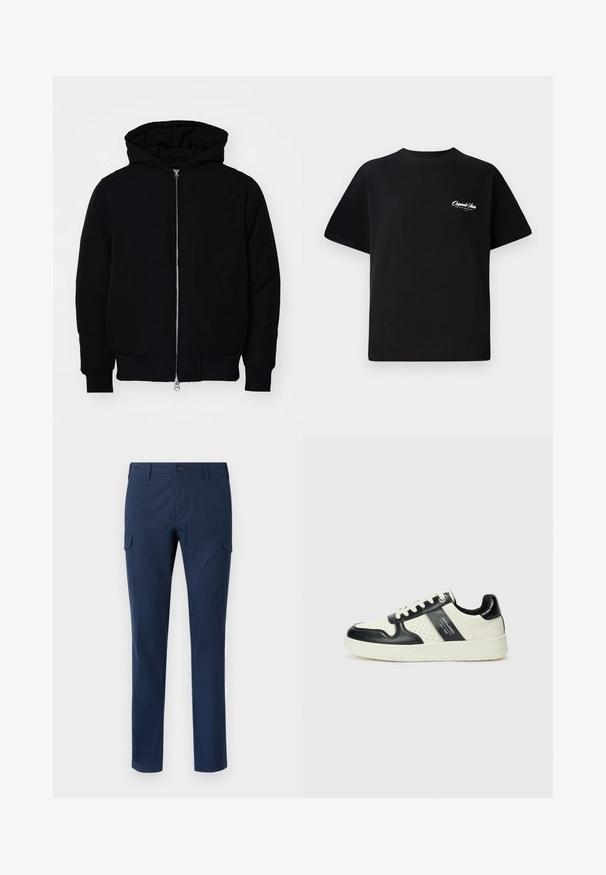 Crna kapuška jakna s prednjim zatvaračem, kenguru džepom, rebrastim manžetama i rubom, prikazana na običnoj bijeloj pozadini.; Crna pamučna majica s okruglim izrezom, kratkim rukavima i malim bijelim logotipom s lijeve strane na prsima. Jednostavan dizajn, klasičan kroj.; Mornarske cargo hlače od pamuka, s bočnim džepovima, kopčanjem na gumb, ravnim nogavicama i glatkom teksturom.; Kožne tenisice s crno-bijelom paletom boja, koje imaju perforirane akcentne detalje, podstavljeni ovratnik i teksturiranu potplat.