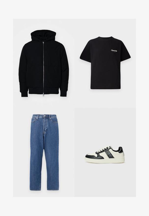Crna kapuška jakna s prednjim zatvaračem, kenguru džepom, rebrastim manžetama i rubom, prikazana na običnoj bijeloj pozadini.; Crna pamučna majica s okruglim izrezom, kratkim rukavima i malim bijelim logotipom s lijeve strane na prsima. Jednostavan dizajn, klasičan kroj.; Plave traperice od denima s ležernim krojem, dizajnom s pet džepova i prednjim kopčanjem na gumb. Tkanina ima izblijedjeli izgled s suptilnom teksturom.; Kožne tenisice s crno-bijelom paletom boja, koje imaju perforirane akcentne detalje, podstavljeni ovratnik i teksturiranu potplat.