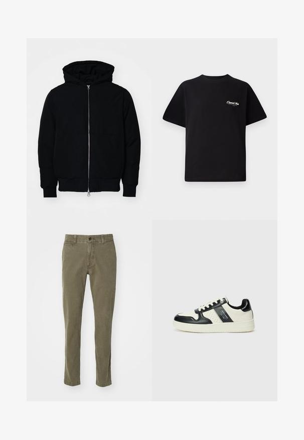 Crna kapuška jakna s prednjim zatvaračem, kenguru džepom, rebrastim manžetama i rubom, prikazana na običnoj bijeloj pozadini.; Crna pamučna majica s okruglim izrezom, kratkim rukavima i malim bijelim logotipom s lijeve strane na prsima. Jednostavan dizajn, klasičan kroj.; Maslinaste zelene hlače od pamuka, sa ravnim nogavicama, pet džepova i jednim dugmetom za zatvaranje u struku.; Kožne tenisice s crno-bijelom paletom boja, koje imaju perforirane akcentne detalje, podstavljeni ovratnik i teksturiranu potplat.