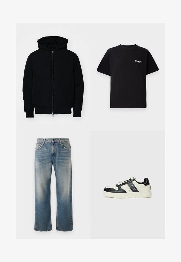Chaqueta negra con capucha, cierre frontal, bolsillo tipo canguro, y puños y dobladillo acanalados, exhibida sobre un fondo blanco liso.; Camiseta de algodón negra con cuello redondo, mangas cortas y pequeño texto en blanco del logo en el lado izquierdo del pecho. Diseño simple, corte clásico.; Jeans de mezclilla azul con un ajuste relajado y pierna recta. Presenta acentos de lavado más claro y un diseño clásico de cinco bolsillos con detalles cosidos.; Zapatillas de cuero con un esquema de colores negro y crema, que cuentan con acentos perforados, un collar acolchado y una suela texturizada.
