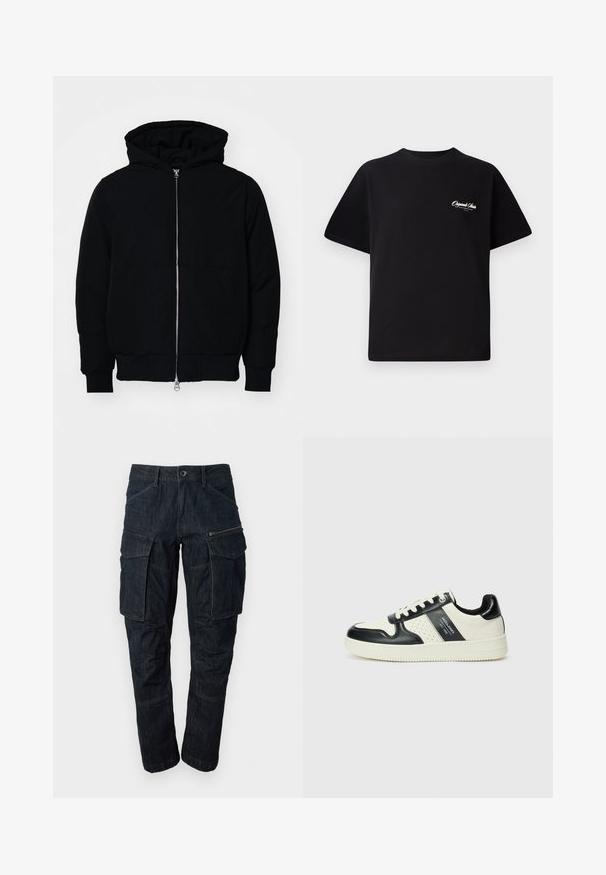 Juodas gobtuvėlis su priekiniu užtrauktuku, kengūros tipo kišene, lygiais rankogaliais ir apvadu, pateiktas ant vientiso balto fono.; Juodas medvilninis marškinėliai su apvalia kaklo linija, trumpomis rankovėmis ir mažais baltais logotipo raštais kairiajame krūtinės šone. Paprastas dizainas, klasikinio kirpimo.; Tamsiai mėlynos džinsinės cargo kelnės su daugybe kišenių, užtrauktuku užsegama kišenė ir tiesiomis kojomis. Patvari medžiaga su išryškintais siūlų detalėmis.; Odiniai sportbačiai juodos ir kreminės spalvų schemoje, su perforuotais akcentais, paminkštinta apykakle ir tekstūruotu padu.