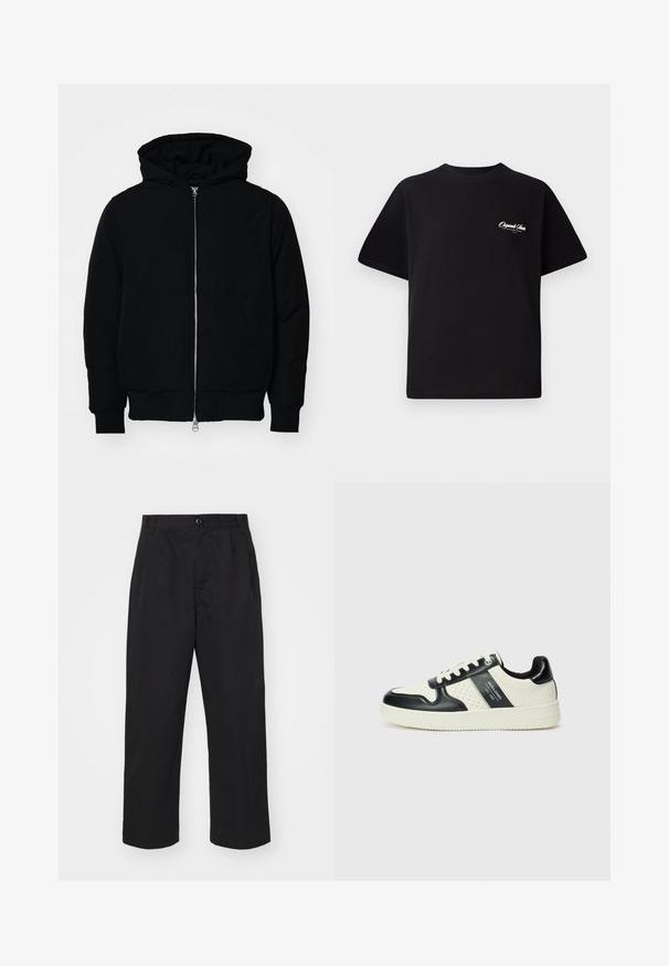 Sort hættejakke med frontlynlås, kængurulomme, ribbede manchetter og kant, præsenteret på en ensfarvet hvid baggrund.; Sort bomulds T-shirt med rund halsudskæring, korte ærmer og lille hvid logo tekst på venstre bryst. Enkel design, klassisk pasform.; Sorte bomuldsbukser med lige pasform, der har en knaplukning, to frontlommer og en glat tekstur.; Lædersneakers i sort og creme farveskema, med perforerede detaljer, en polstret krave og en struktureret ydersål.