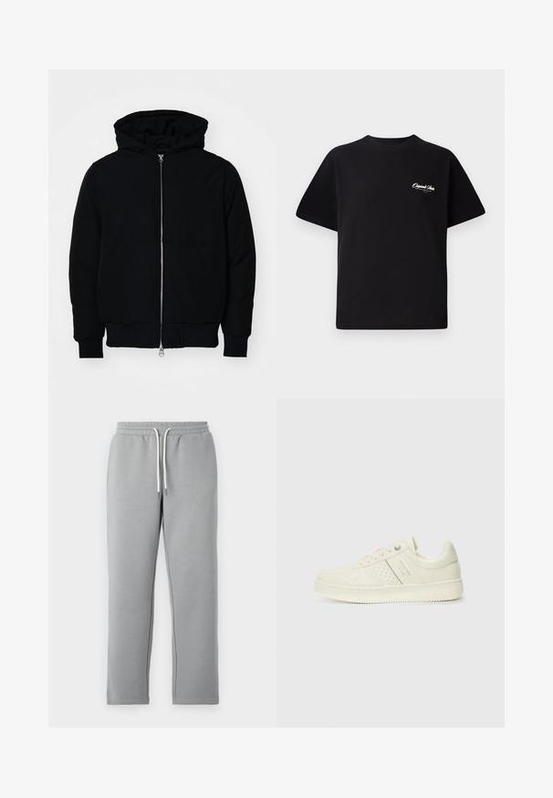 Sort hættejakke med frontlynlås, kængurulomme, ribbede manchetter og kant, præsenteret på en ensfarvet hvid baggrund.; Sort bomulds T-shirt med rund halsudskæring, korte ærmer og lille hvid logo tekst på venstre bryst. Enkel design, klassisk pasform.; Grå sweatpants lavet af blød stof, med en elastisk talje med hvide snore, lige ben og ingen synlige lommer.; Cremefarvet sneaker med perforeret detaljering, snørebånd og logo på siden, præsenteret mod en simpel hvid baggrund.