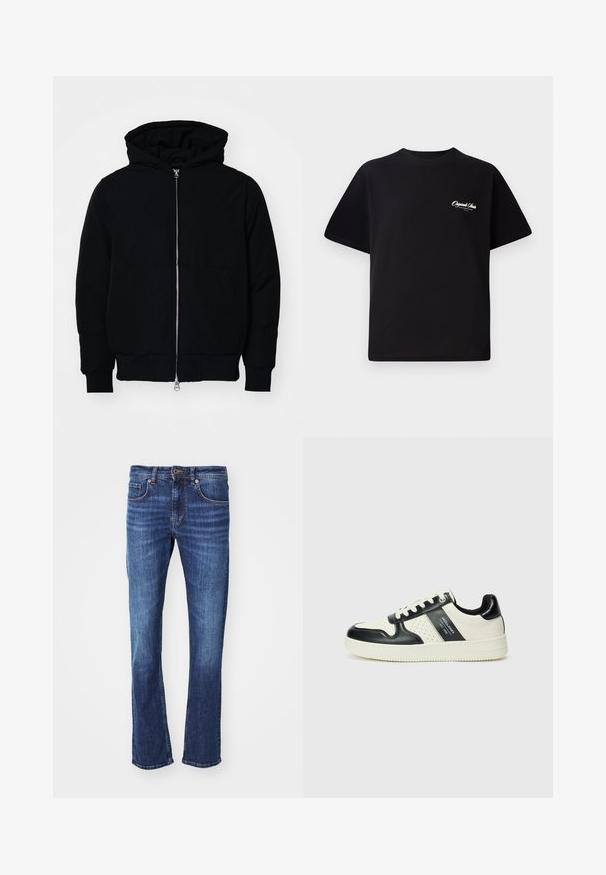 Črna kapuca jakna s sprednjim zadrgo, kenguru žepom, rebrastimi manšetami in hemom, razstavljena na enostavni beli ozadju.; Črna bombažna majica s krožno ovratnikom, kratkimi rokavi in majhnim belim logotipom na levem prsnem delu. Preprost dizajn, klasičen kroj.; Modri traper džinsi s ravnim krojem, z zadrgo in gumbom, petimi žepi in rahlim bledenjem na stegnih.; Usnjeni športni čevlji z črno in krem barvno shemo, ki vključujejo perforirane dodatke, podložen ovratnik in strukturirano podplat.