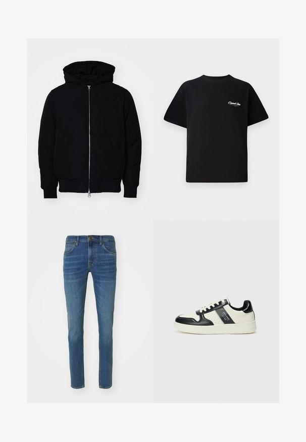 Svart huoodiejacka med framdragkedja, känguruficka, ribbade ärmslut och nederkant, uppställd mot en vit bakgrund.; Svart bomull t-shirt med rund halsringning, korta ärmar och liten vit logotext på vänster bröst. Enkel design, klassisk passform.; Ljusblå denimjeans med smal passform, femfickorsdesign och diskret blekning fram. Metallknapp och dragkedja.; Läder sneakers med en svart och krämfärgad färgsättning, med perforerade detaljer, en vadderad krage och en strukturerad yttersula.