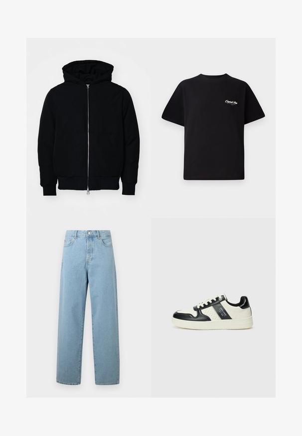 Mustaga kapuutsiga jakk, millel on esineed, kenguru tasku, soonikkoes, ja alläär, esitatud lihtsal valgel taustal.; Must mustrüst t-särk, millel on ümar kaelus, lühikesed varrukad ja väike valge logo tekst vasakul rinnal. Lihtne disain, klassikaline sobivus.; Heledad sinise värviga laiad teksad, mis on valmistatud denimist, esipaneeli nupuga sulgemisega, traditsioonilise viie taskuga disainiga ning lõdva istuvusega.; Nahatud nahkkingad musta ja kreemi värviskeemiga, millel on perforeeritud aktsendid, pehme krae ja tekstureeritud tallad.