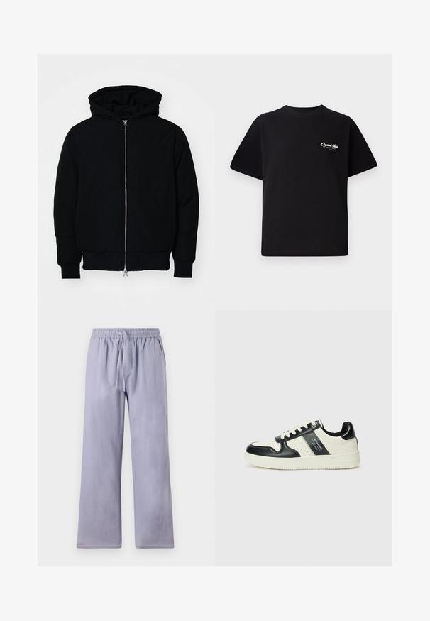 Giacca nera con cappuccio, dotata di zip frontale, tasca a marsupio, polsini e orlo a coste, esposta su uno sfondo bianco semplice.; T-shirt in cotone nero con scollatura rotonda, maniche corte e piccolo testo del logo bianco sul lato sinistro del petto. Design semplice, vestibilità classica.; Pantaloni di un morbido color viola chiaro, larghi e dallo stile comodo, realizzati in tessuto soffice. Presentano una vita elasticizzata con cordoncino per una vestibilità regolabile.; Sneakers in pelle con una combinazione di colori nero e crema, dotati di dettagli perforati, collare imbottito e suola testurizzata.